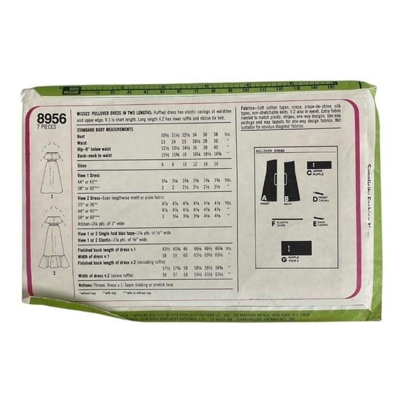 Vintage Simplicity 8956 Sewing Pattern For Size 6 & Size 8 MISS Dress - Picture 3 of 3